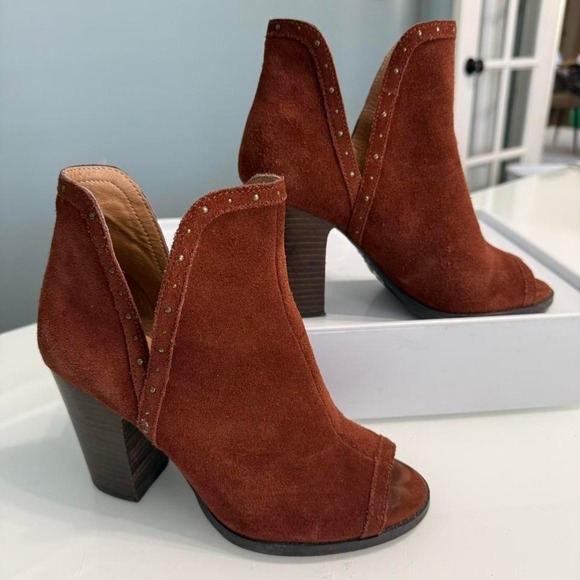 Lucky Brand Shoes - Lucky Brand‎ Rust Brown suede studded peep-toe ankle boots #boho